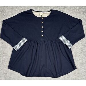 Lintico Top Womens XXL‎ Blue Organic Cotton Patchwork Cuff Audrey Button Detail